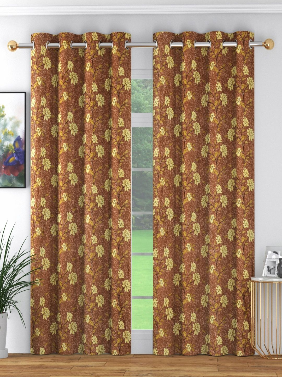 ANA Brown & Yellow Set of 2 Floral Room Darkening Door Curtain-picture-34