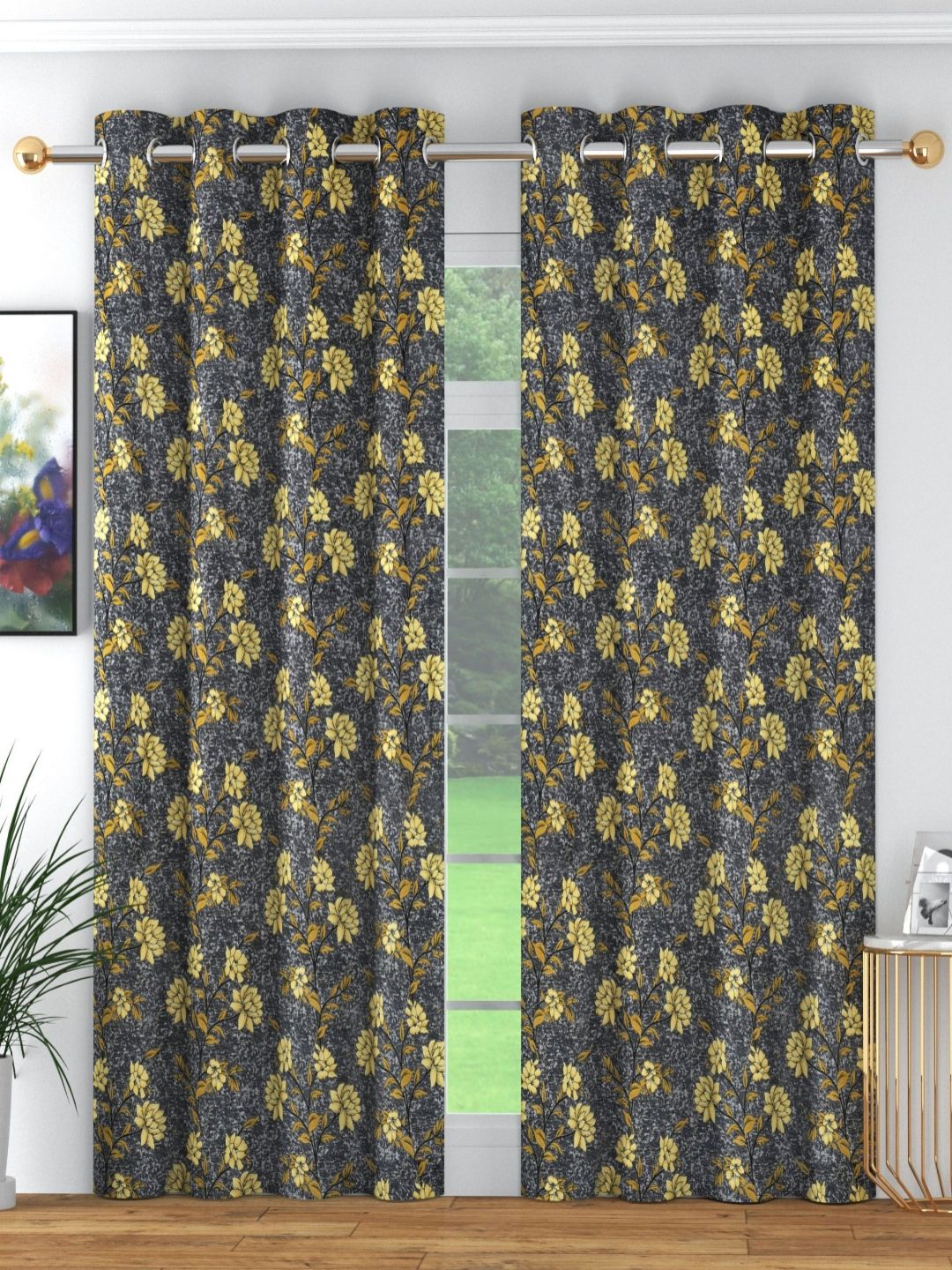 ANA Grey & Yellow Set of 2 Floral Room Darkening Long Door Curtain-picture-38