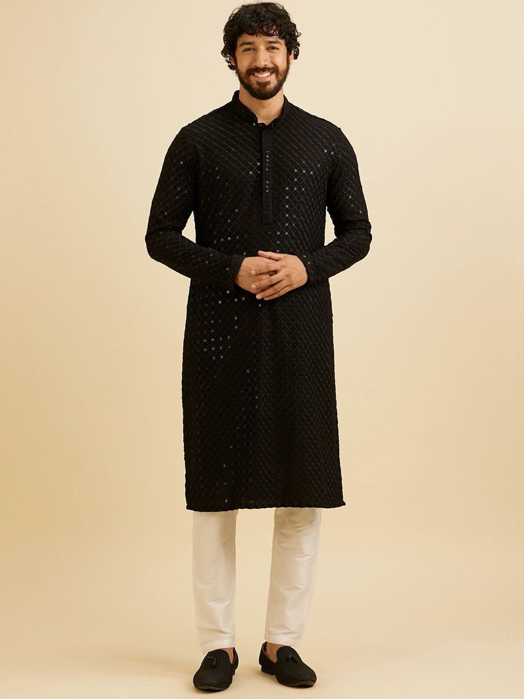 Manyavar Geometric Embroidered Chikankari & Sequinned Straight Kurta with Pyjamas