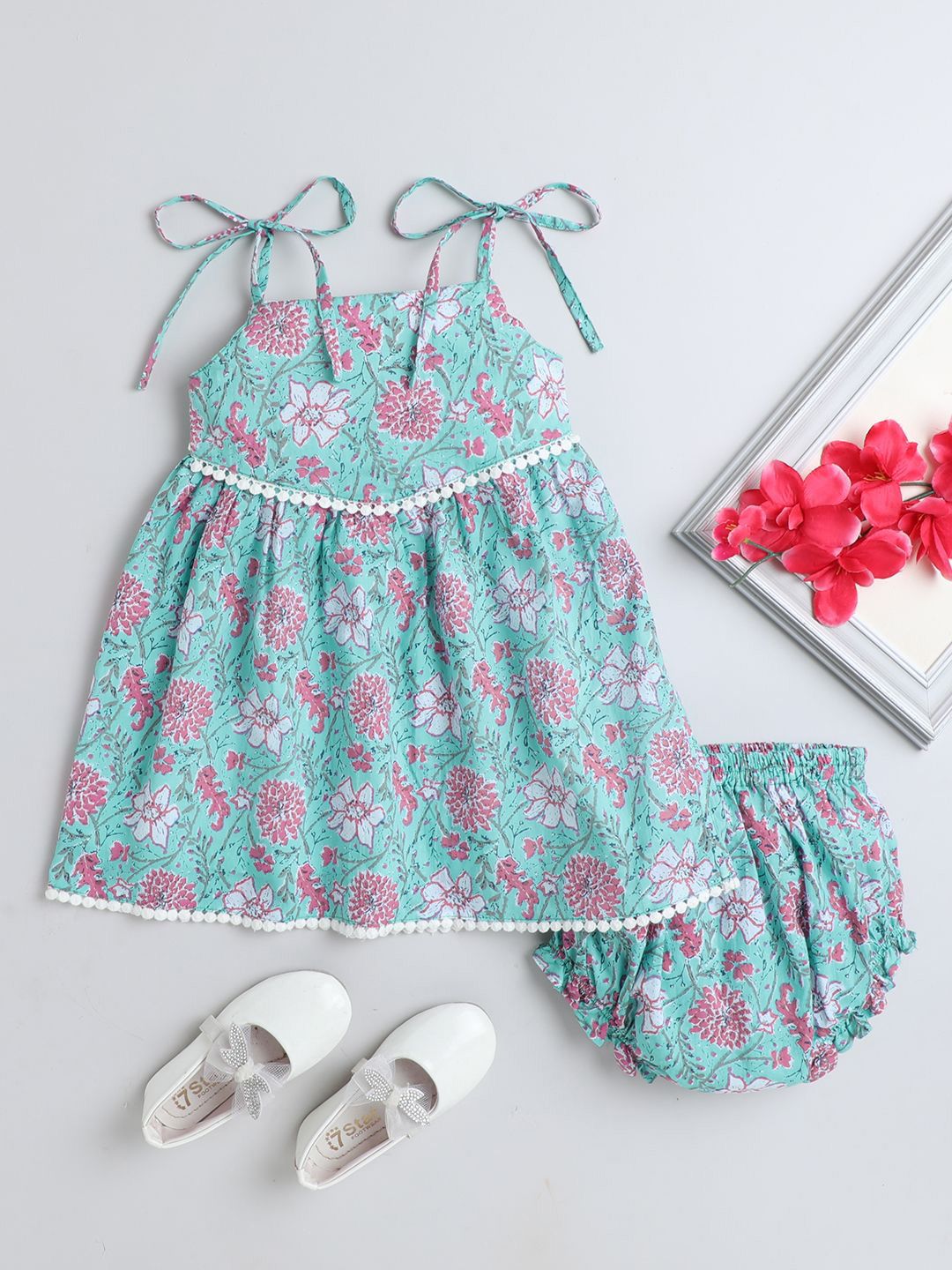 BAESD Girls Floral Printed Shoulder Straps Cotton Fit & Flare Dress-picture-26