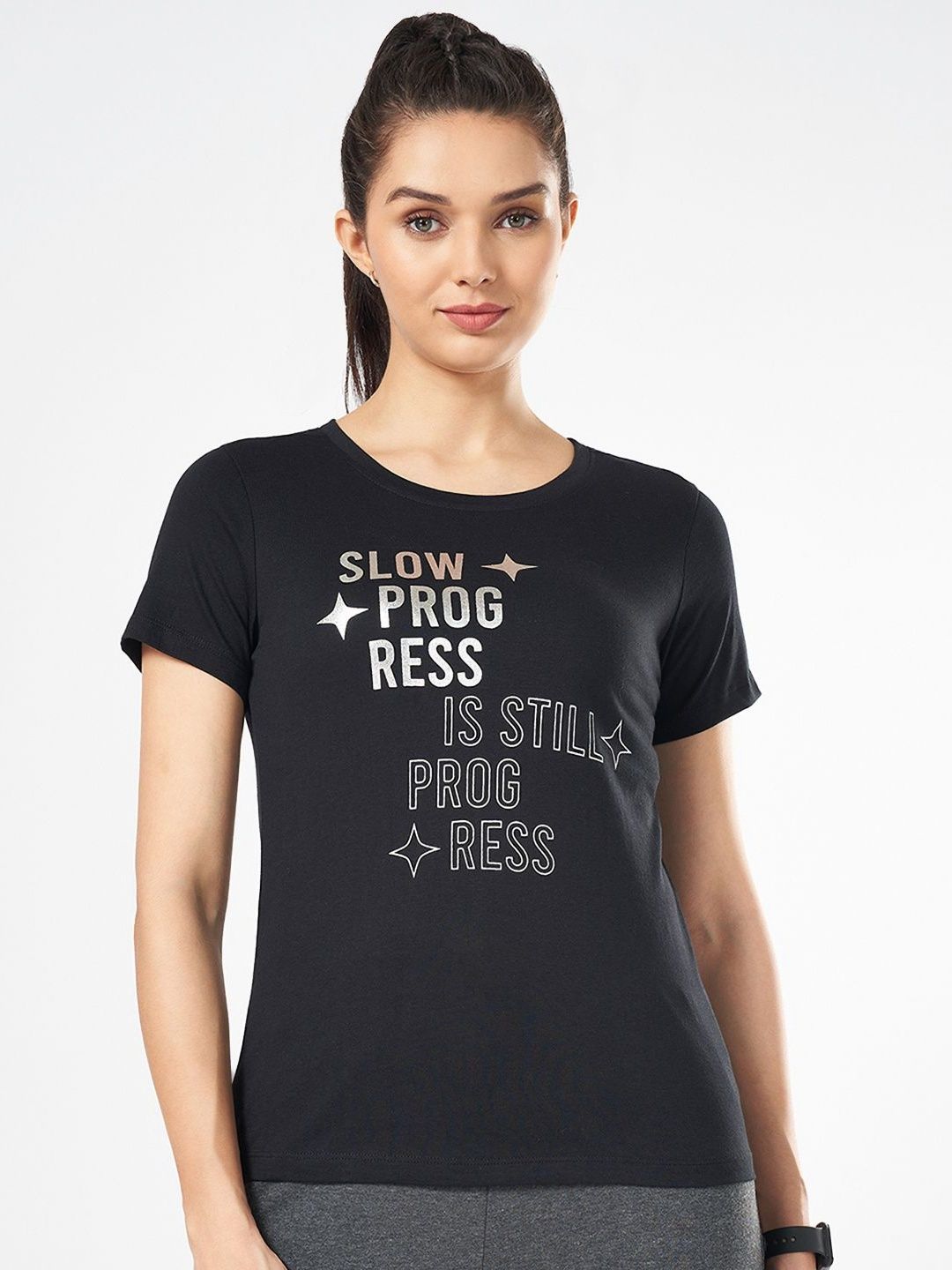 Ajile by Pantaloons Women Typography Printed Round Neck Pure Cotton T-shirt-picture-20