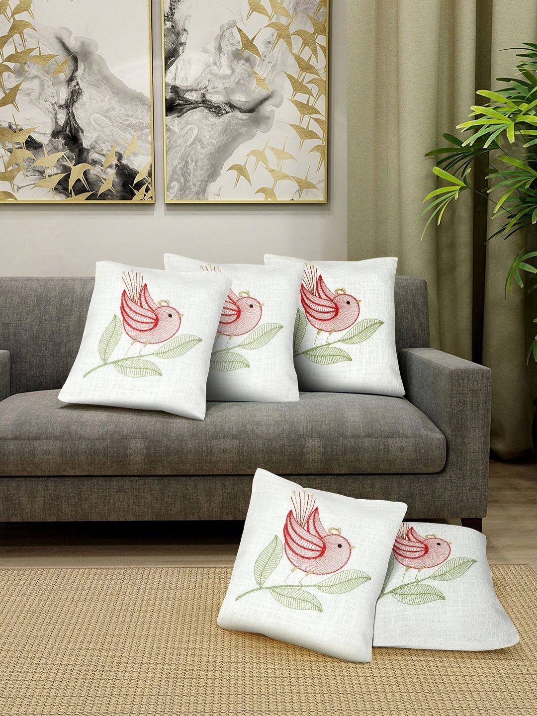 KLOTTHE 5-Pcs White & Red Embroidered Pure Cotton Cushion Covers-picture-41