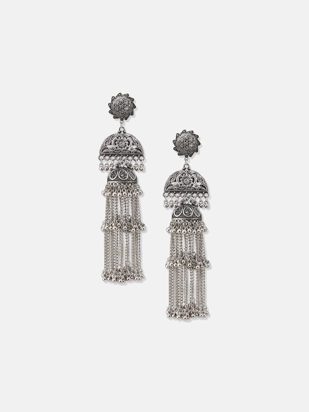 ATIBELLE Silver-Plated German Silver Floral Dome Shaped Oxidised Jhumkas