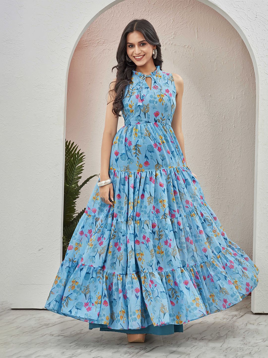 Chandbaali Women Floral Print Tie-Up Neck Layered Georgette Fit & Flare Tiered Maxi Dress