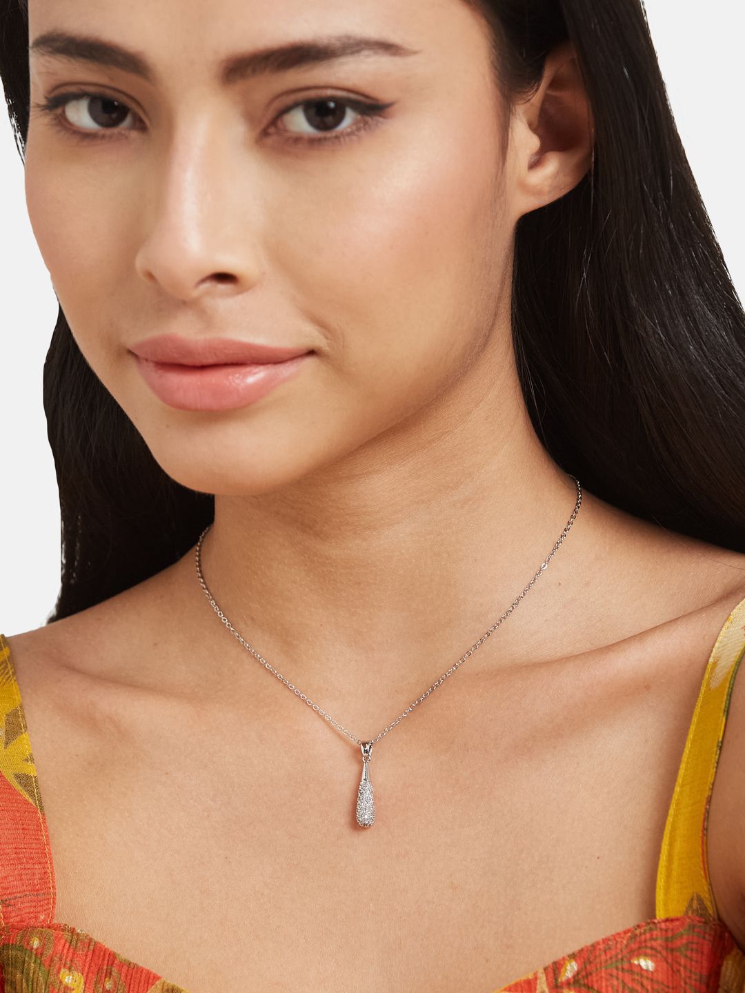 ATIBELLE Silver-Plated Teardrop-Shaped Pendant With Chain