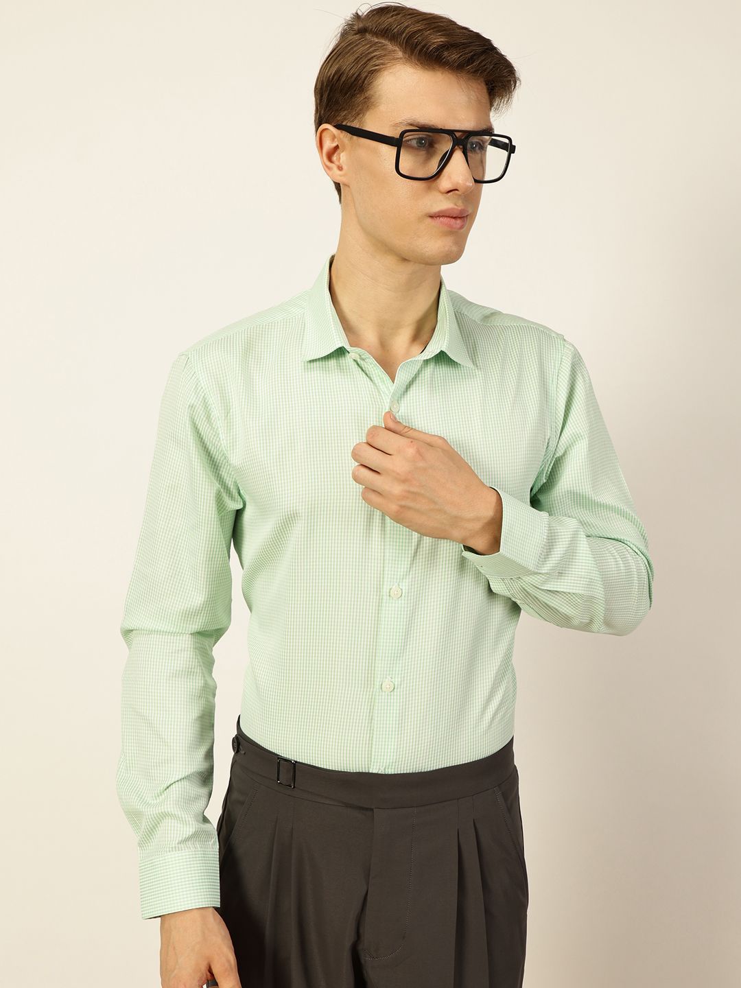 INVICTUS Men Original Spread Collar Micro Checked Cotton Slim Fit Formal Shirt-picture-19