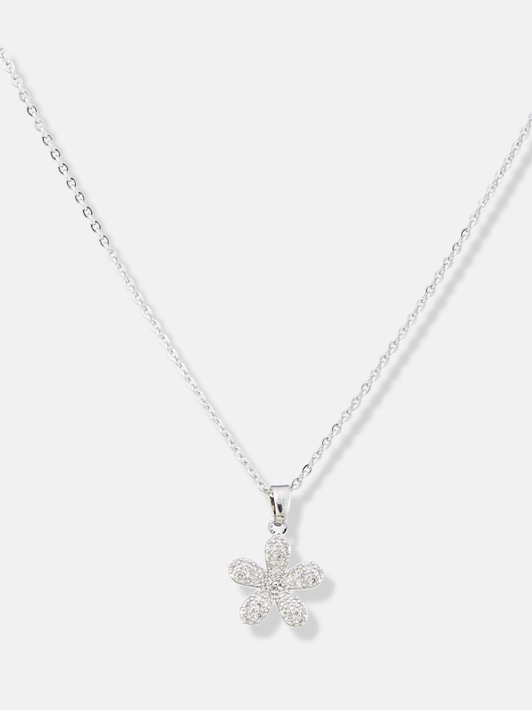 ATIBELLE Silver Plated Cubic Zirconia Stone Studded Floral Shaped Pendant With Chain