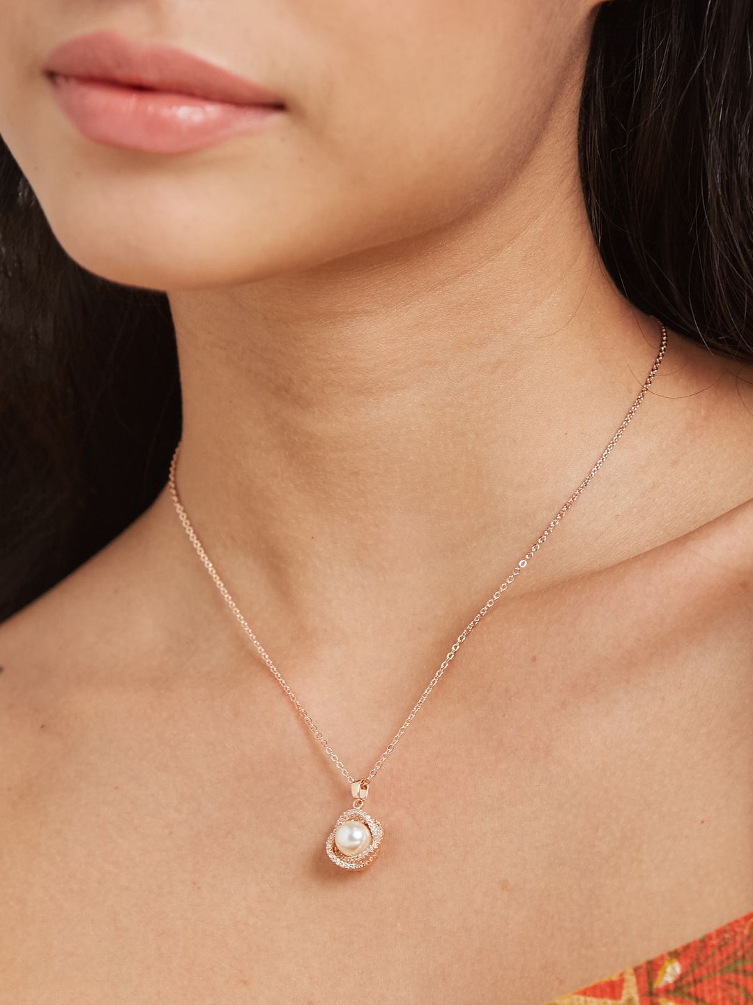 ATIBELLE Rose Gold-Plated Cubic Zirconia-Studded Pendant with Chain