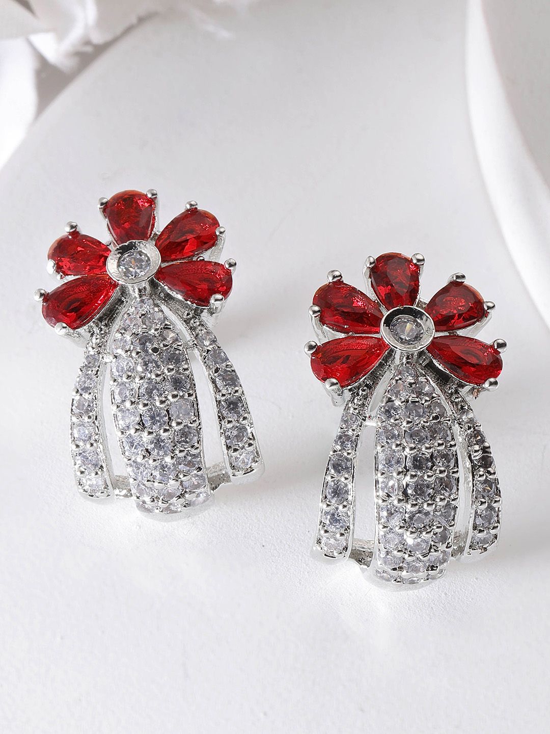 KARATCART Silver-Plated AD Studded Contemporary Drop Earrings-picture-15