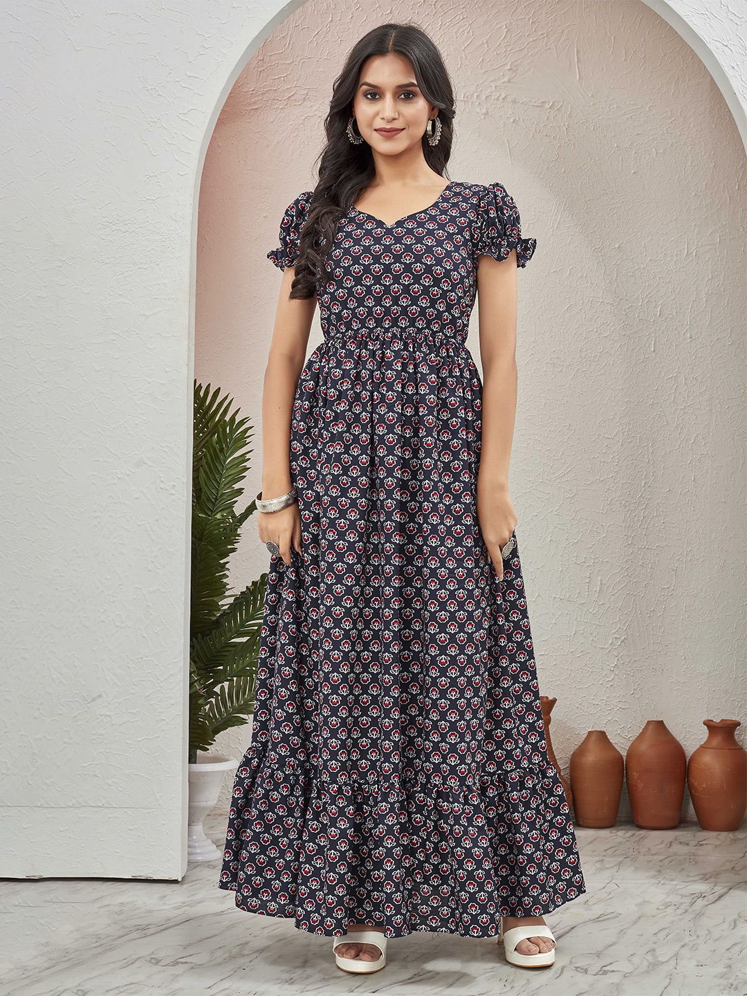 Chandbaali Women Floral Printed Cotton Fit & Flare Maxi Dress