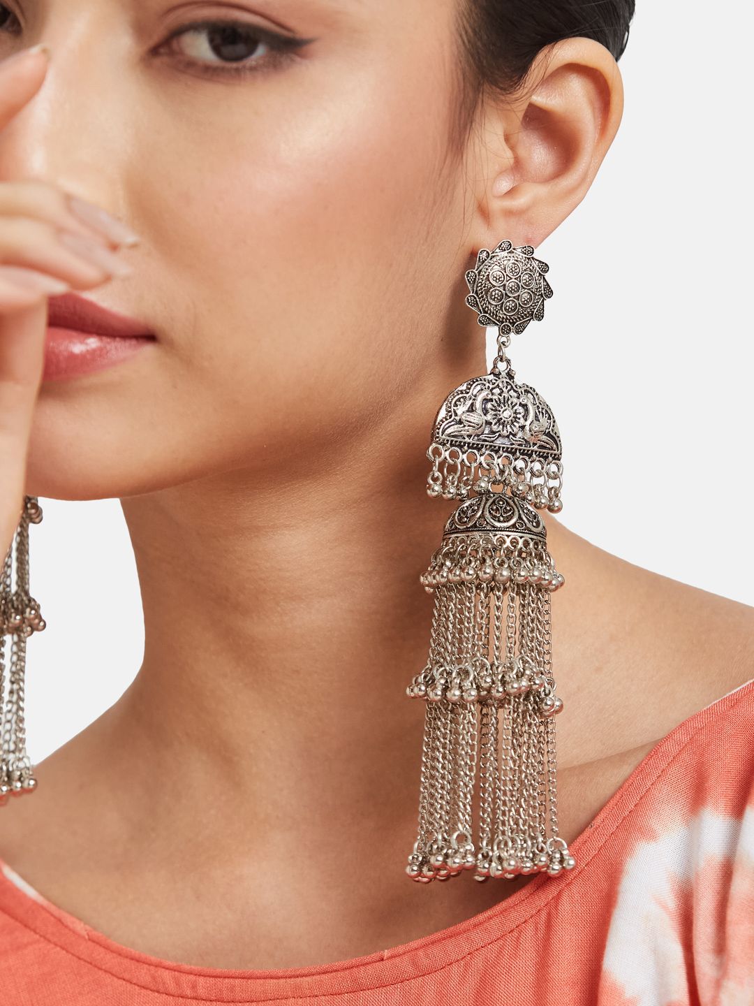 ATIBELLE Silver-Plated German Silver Floral Dome Shaped Oxidised Jhumkas