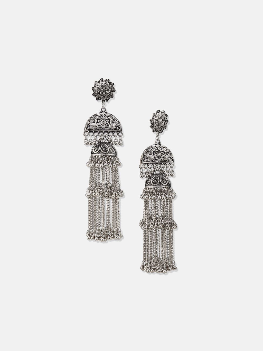 ATIBELLE Silver-Plated German Silver Floral Dome Shaped Oxidised Jhumkas