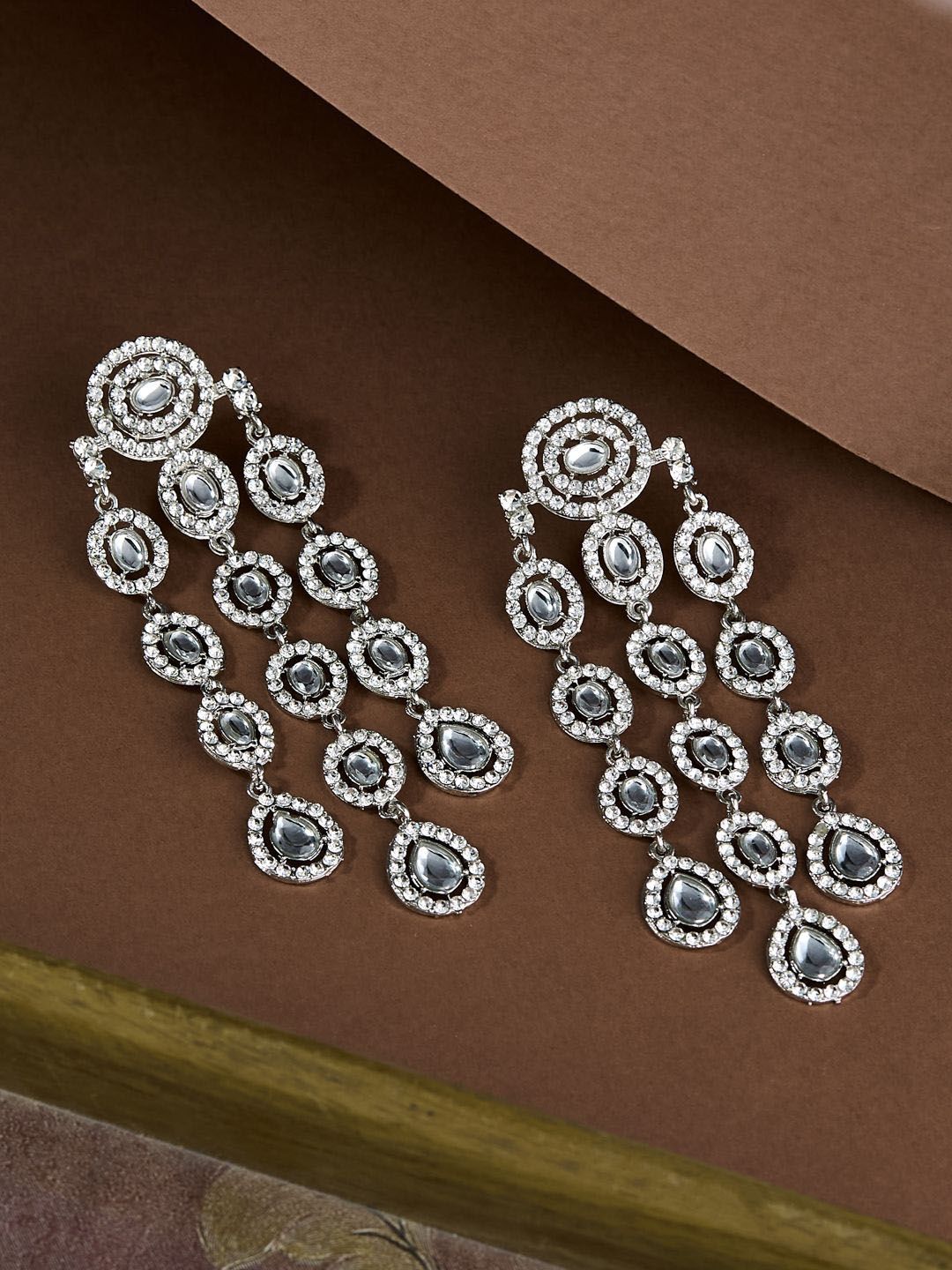 ATIBELLE Silver-Plated Kundan Stone Studded Layered Drop Earrings