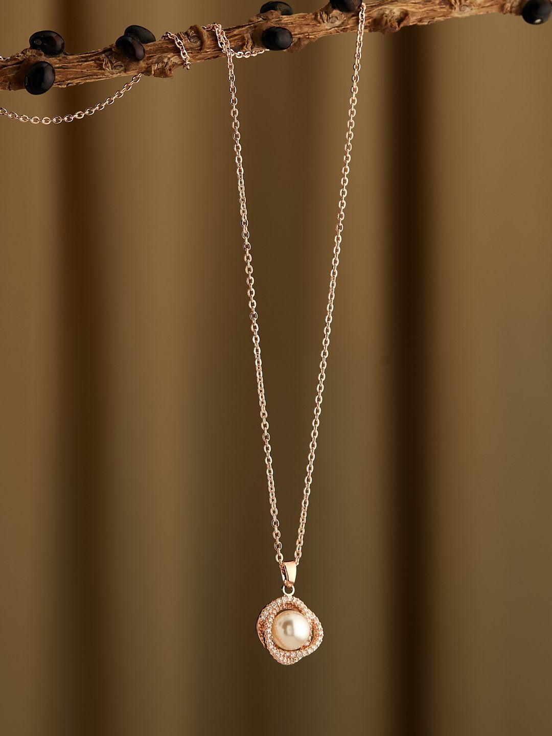 ATIBELLE Rose Gold-Plated Cubic Zirconia-Studded Pendant with Chain