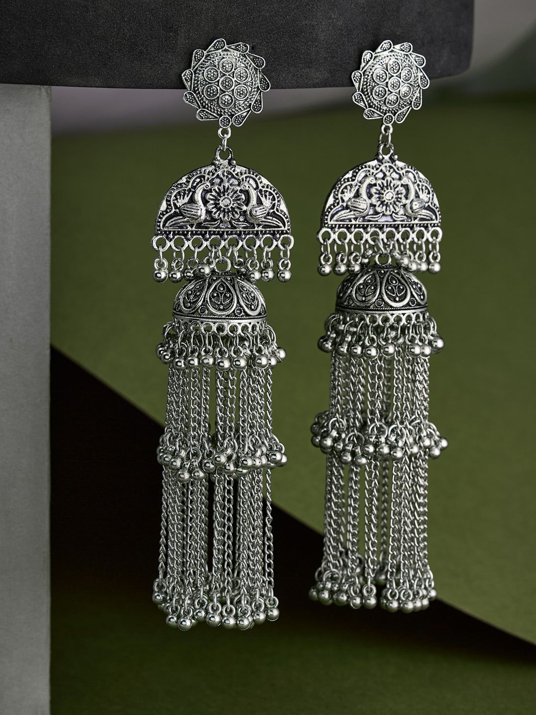ATIBELLE Silver-Plated German Silver Floral Dome Shaped Oxidised Jhumkas