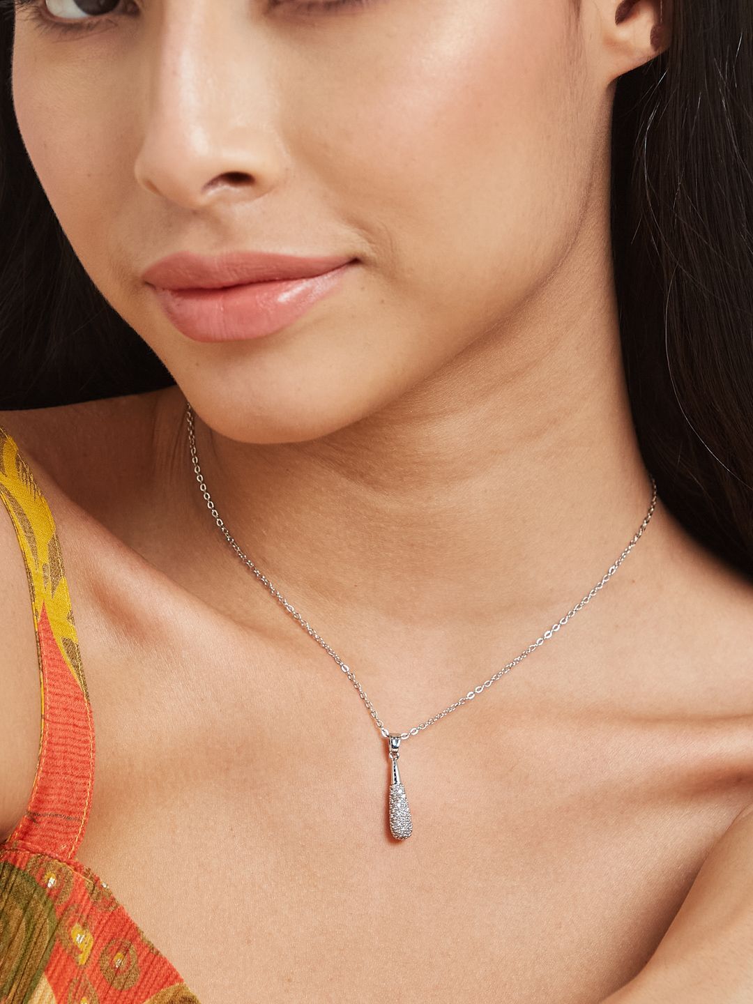 ATIBELLE Silver-Plated Teardrop-Shaped Pendant With Chain