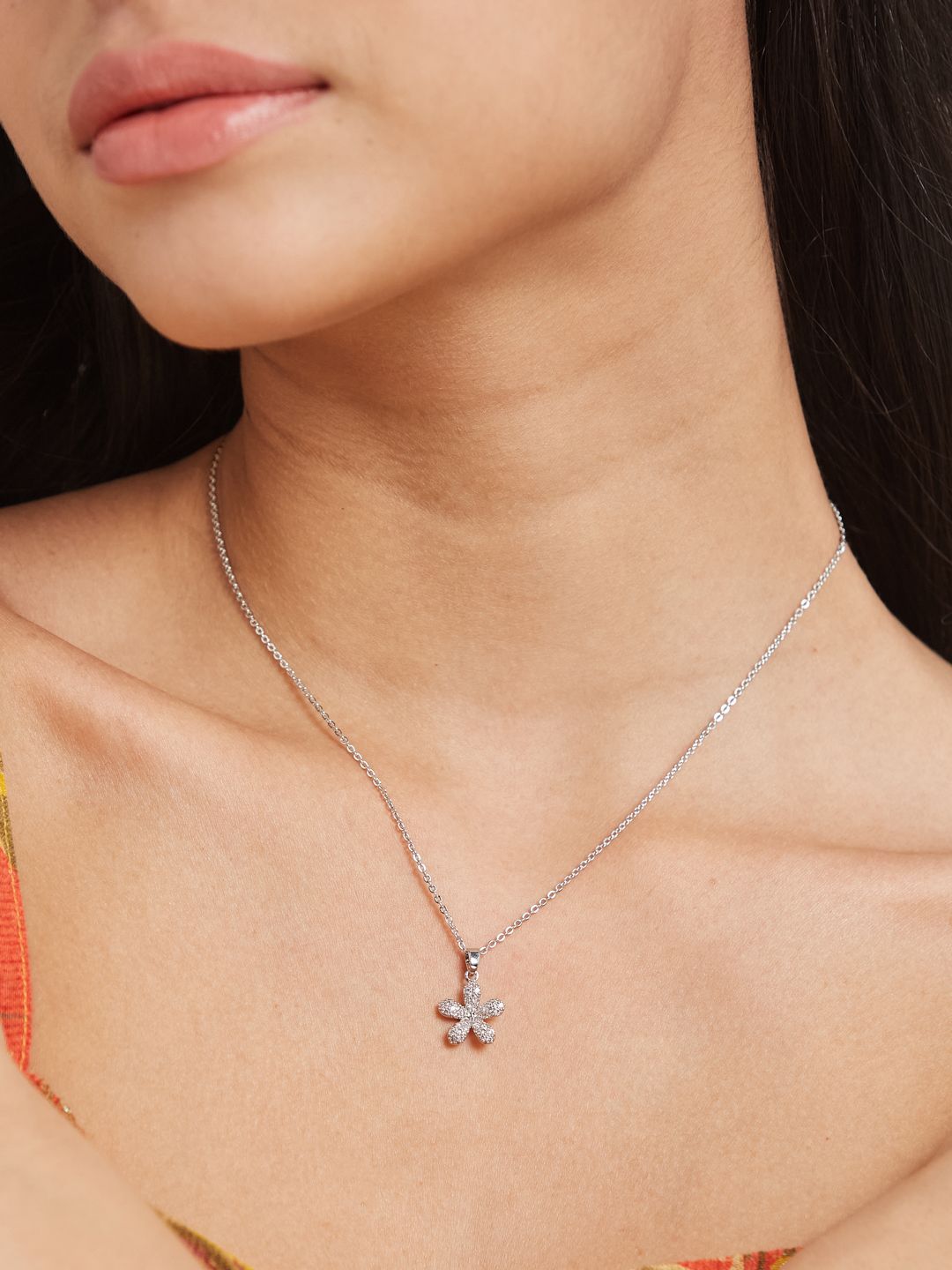 ATIBELLE Silver Plated Cubic Zirconia Stone Studded Floral Shaped Pendant With Chain