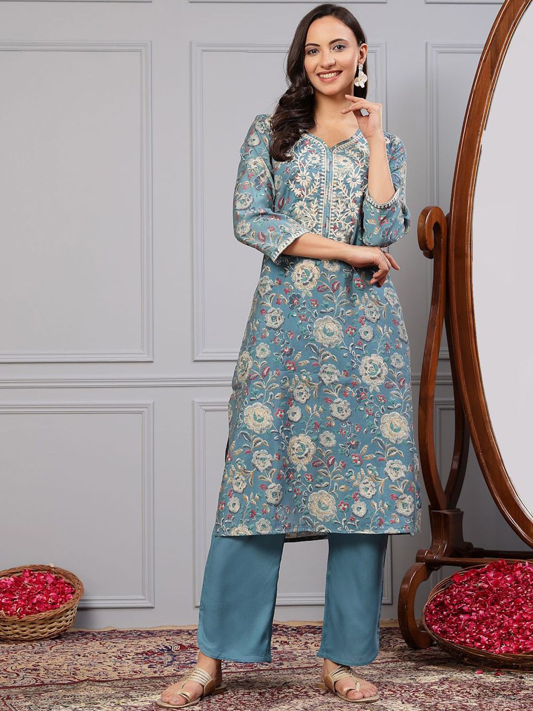 Nayam By Lakshita Floral Embroidered Kurta With Palazzos-picture-30