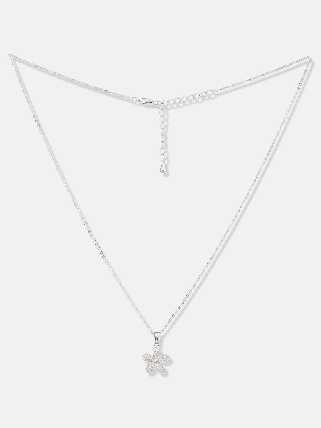 ATIBELLE Silver Plated Cubic Zirconia Stone Studded Floral Shaped Pendant With Chain