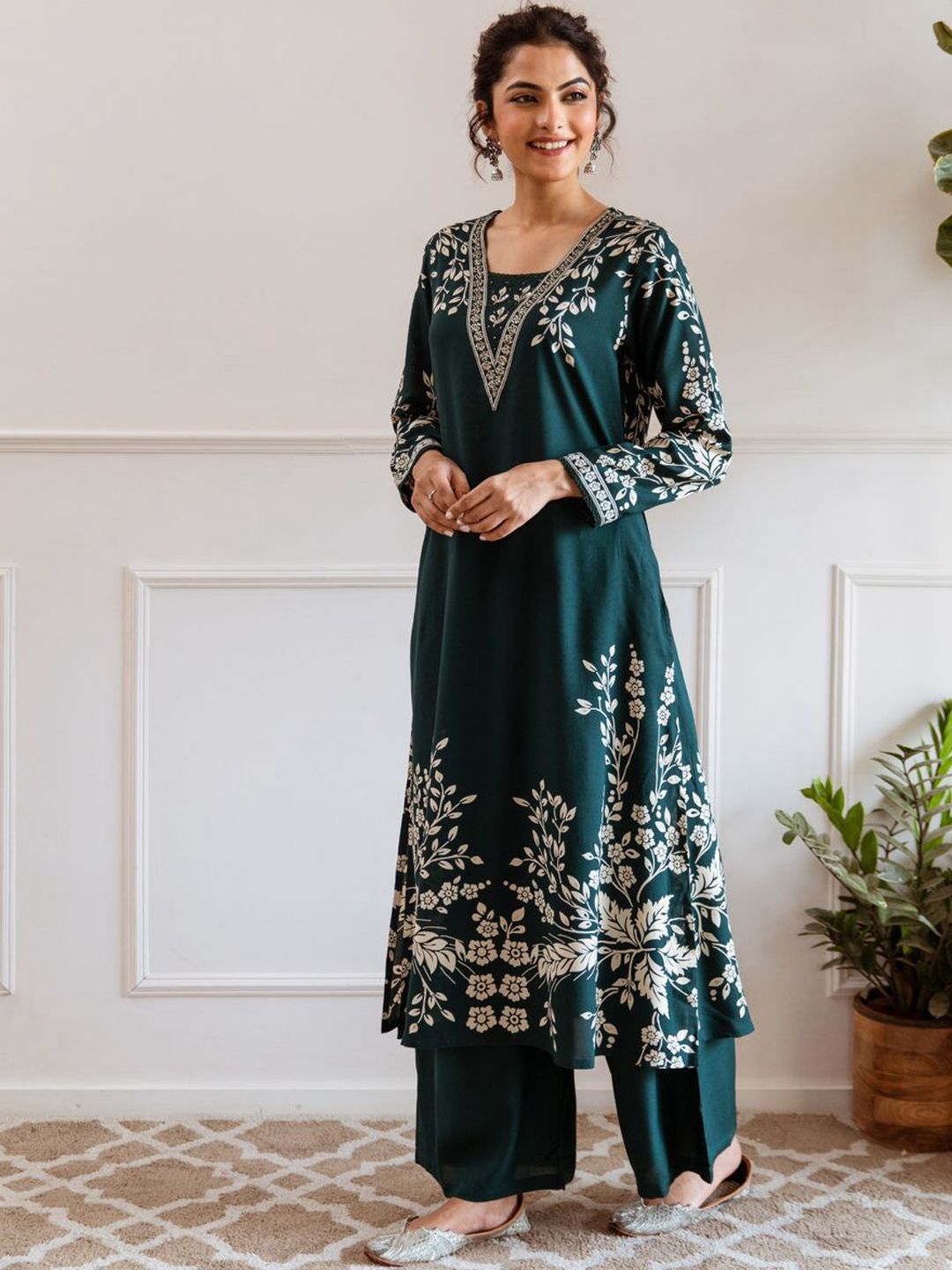 Buy Anouk Teal Green & White Floral Printed Round Neck A Line Kurta ...