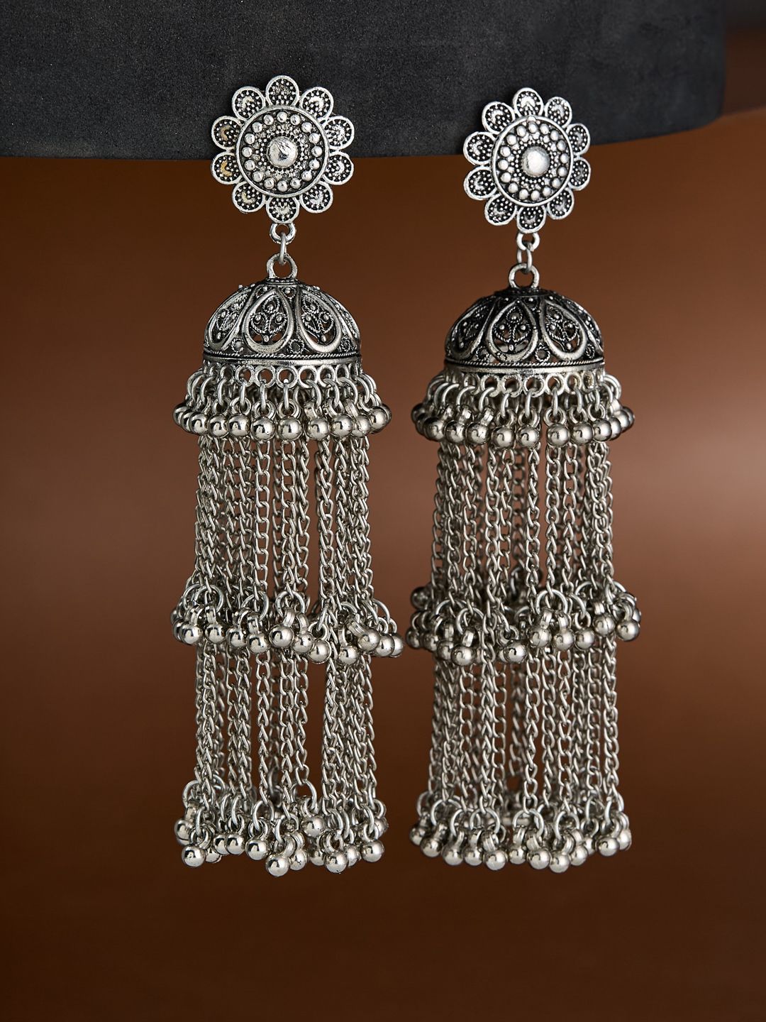 ATIBELLE Silver-Plated German Silver Floral Dome Shaped Oxidised Jhumkas