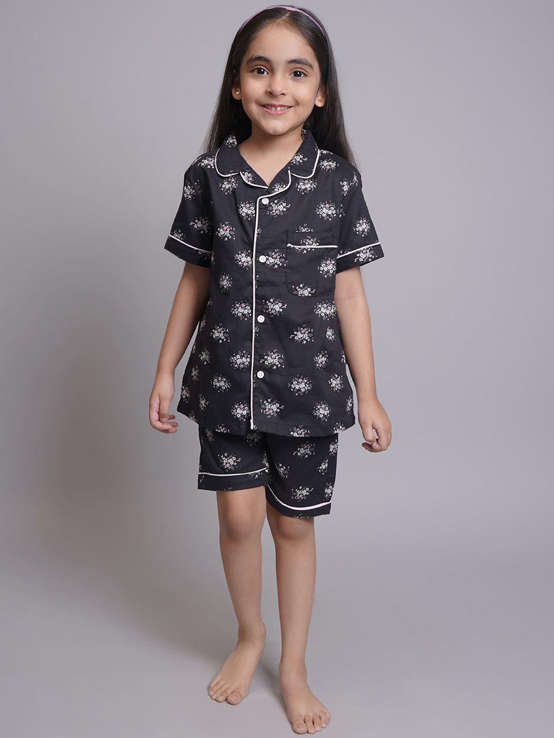 Biglilpeople Girls Floral Printed Pure Cotton Lapel Collar Night suit-picture-38