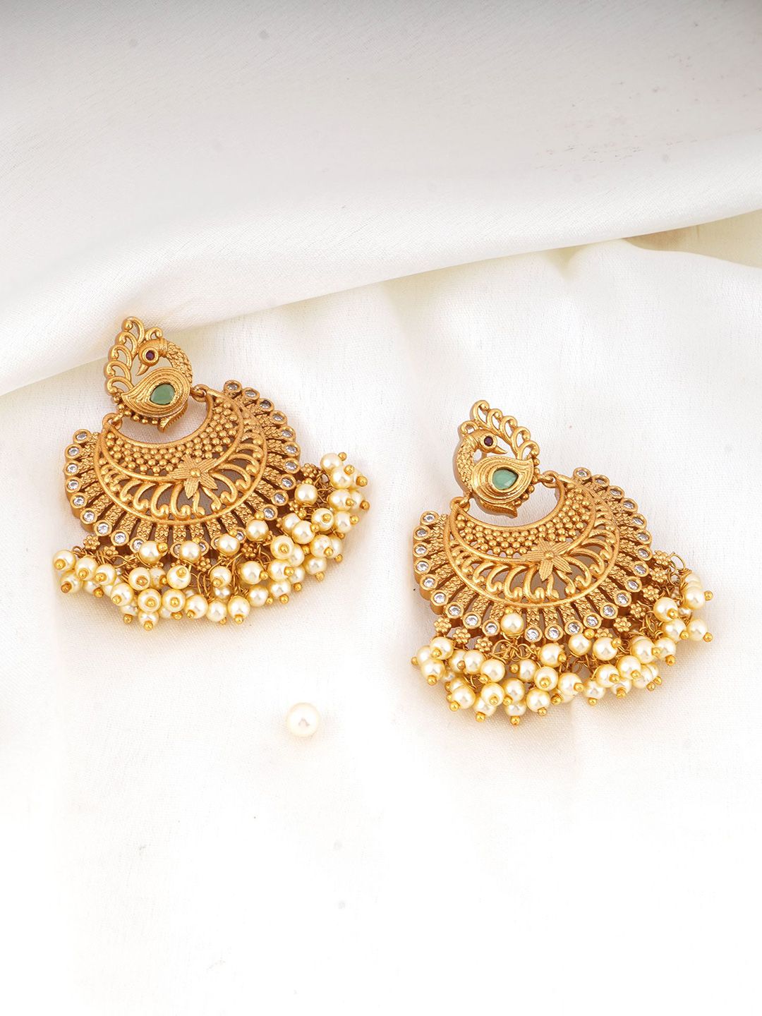 Adwitiya Collection Gold-Plated Peacock Design Stone Studded & Pearls Drop Earrings-picture-19