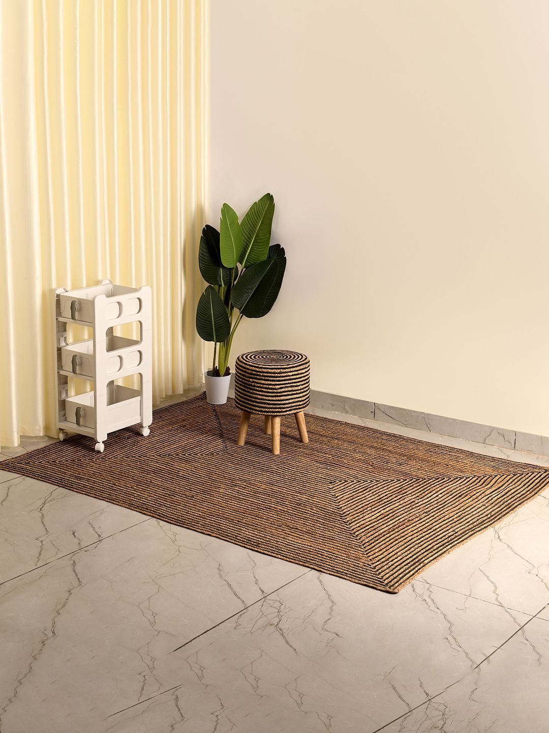 Kuber Industries Brown & Black 3 Pieces Jute Carpets, Ottoman Stool & Door Mat