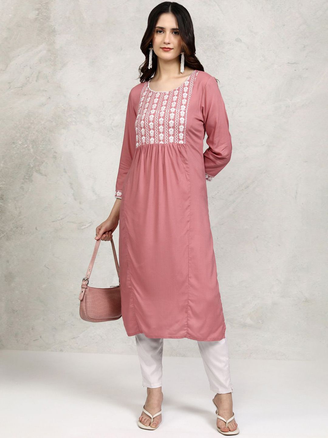 Vishudh Peach-Coloured Floral Embroidered Thread Work Round Neck Straight Kurta-picture-33