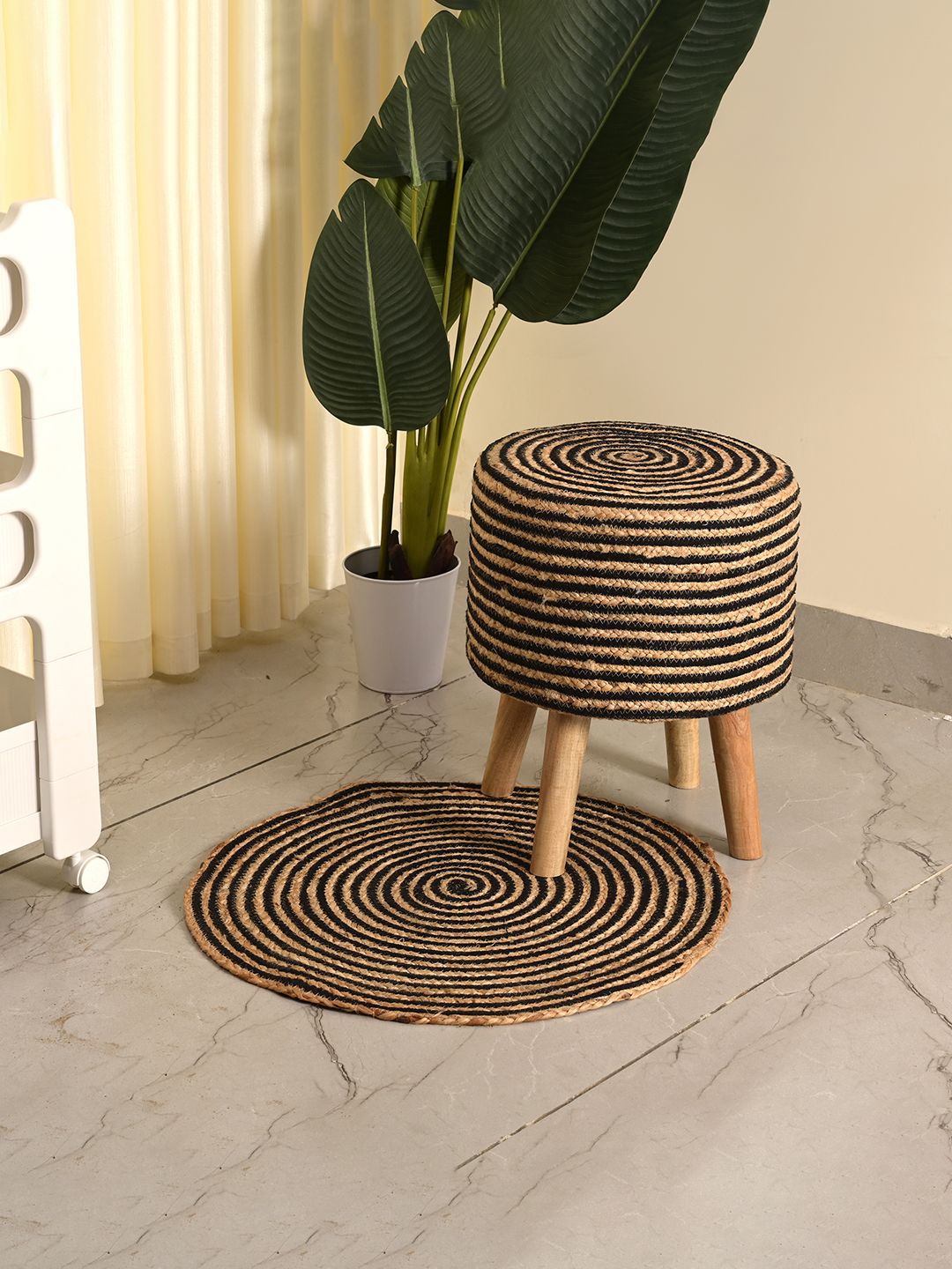 Kuber Industries Black & Brown 2 Pieces Printed Wooden Ottomans