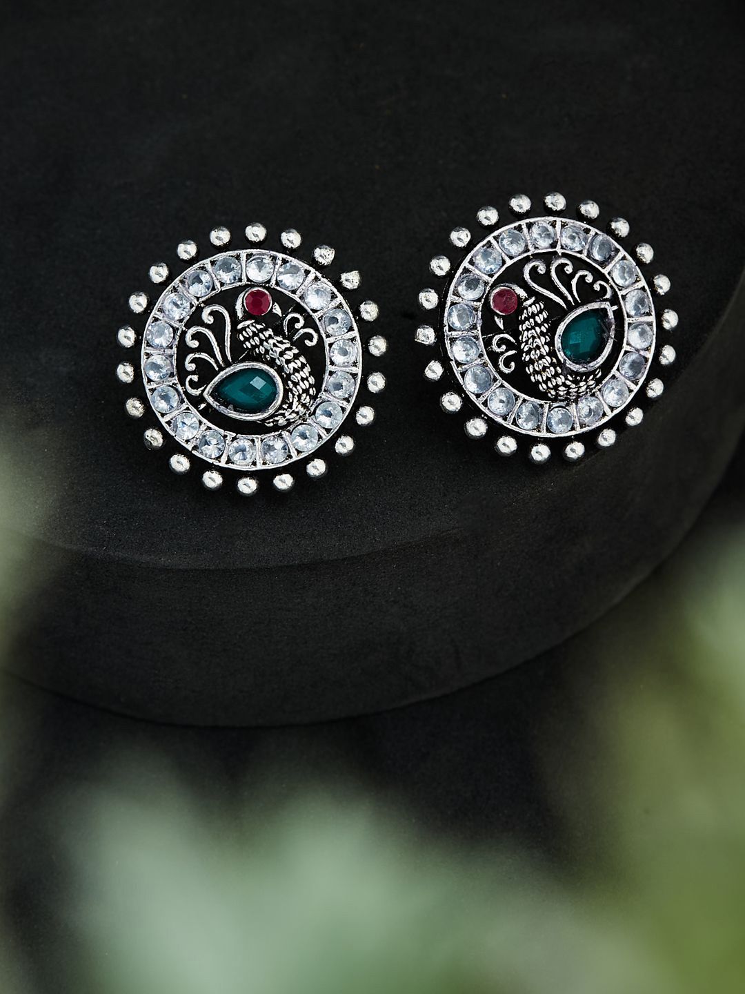 ATIBELLE Silver-Plated Peacock Shaped German Silver Stone Studded Studs