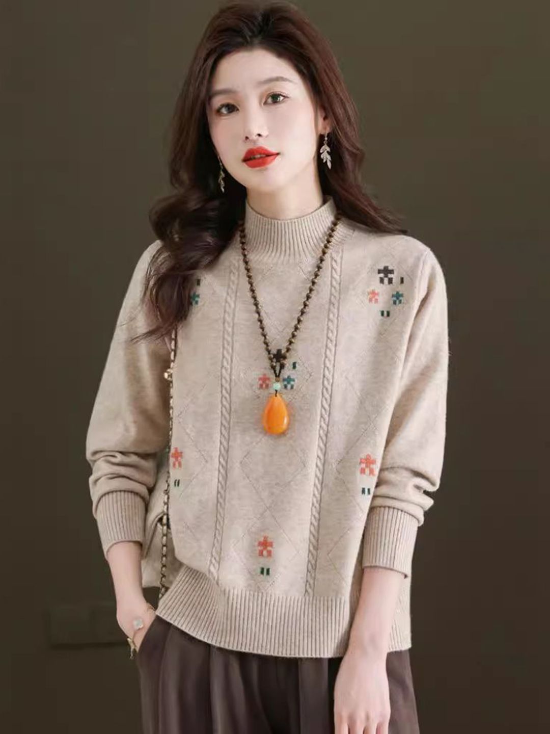 StyleCast Women Embroidered Mock Collar Cable Knit Pullover Sweaters-picture-14