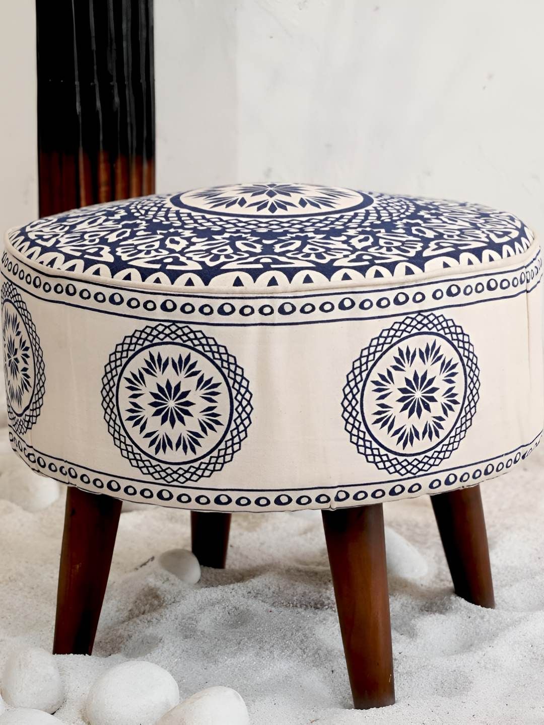 Decoghar Blue & Beige Printed Wooden Ottoman-image-15
