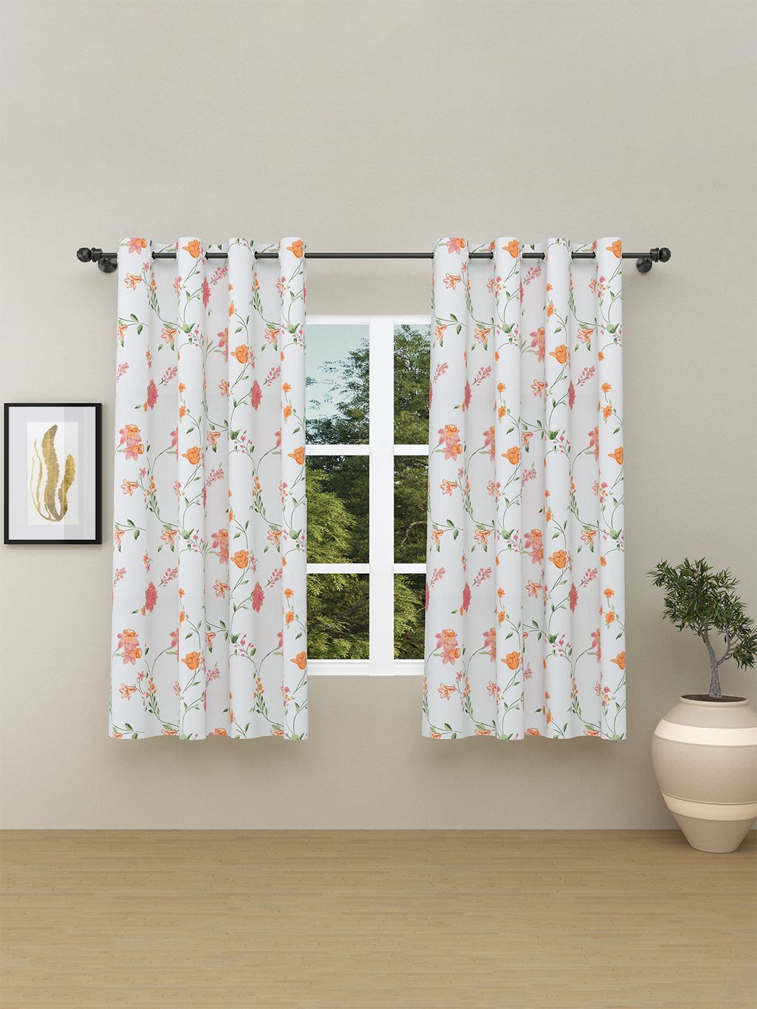 haus & kinder White & Pink 2 Pieces Floral Room Darkening Pure Cotton Window Curtains-picture-22