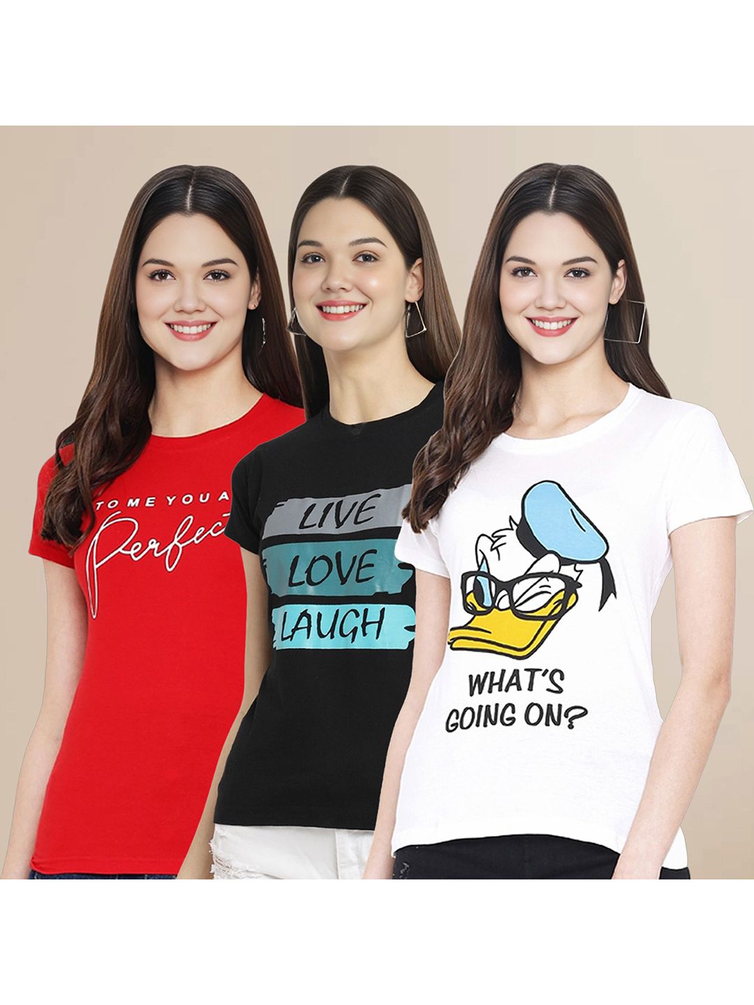 Metronaut Women Pack Of 3 Typography Printed Round Neck Cotton Donald Duck T-shirts-picture-30