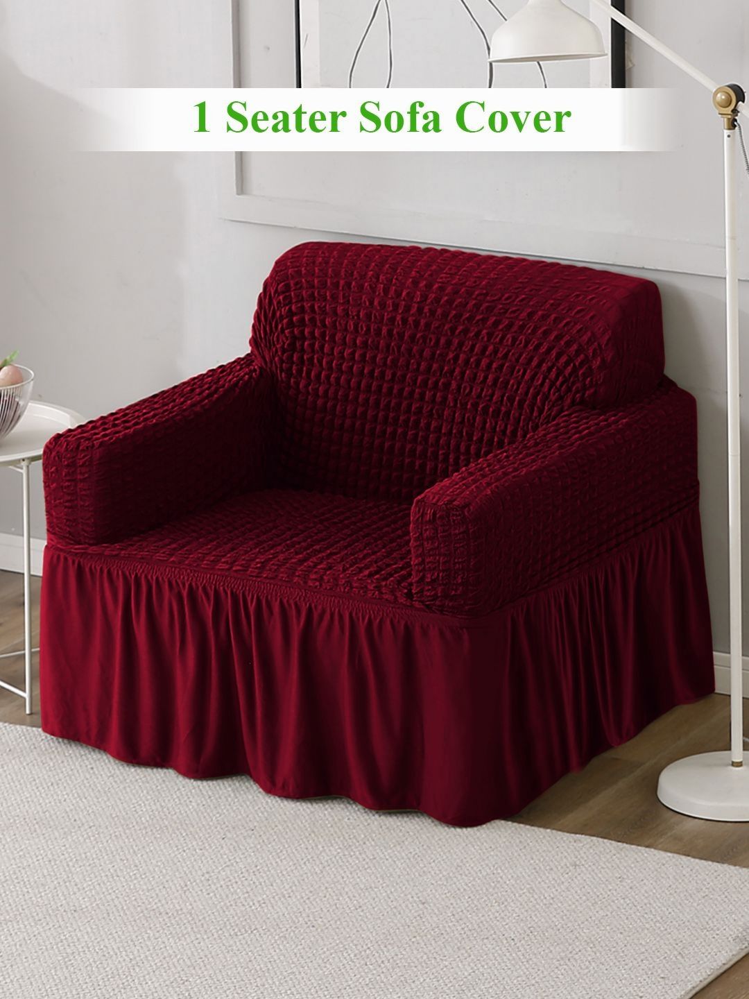 HOKIPO Red Self Design Stretchable Elastic 1 Seater Sofa Cover-image-30