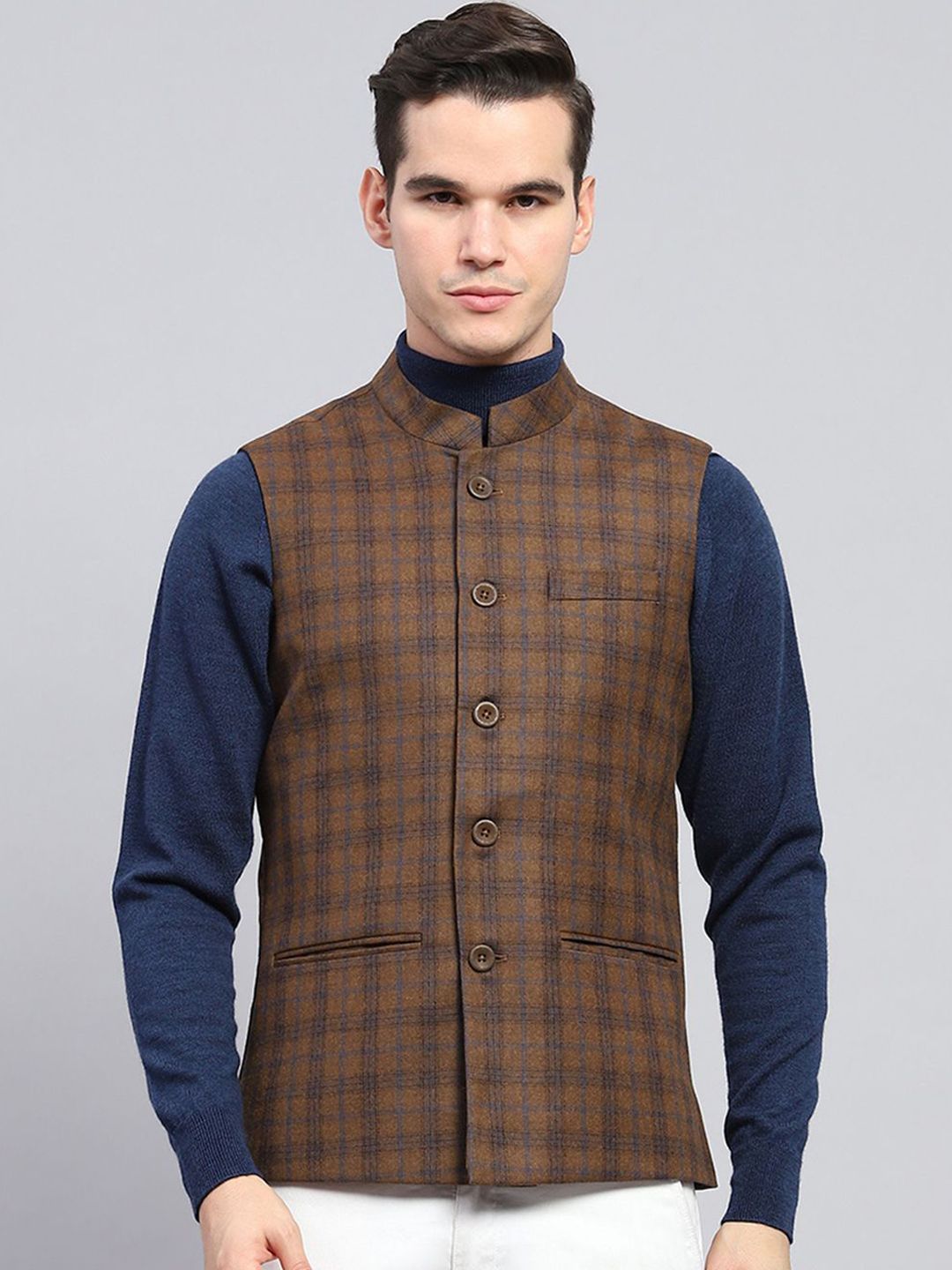 Monte Carlo Men Mandarin Collar Checked Wool Casual Tailored Jacket-picture-34