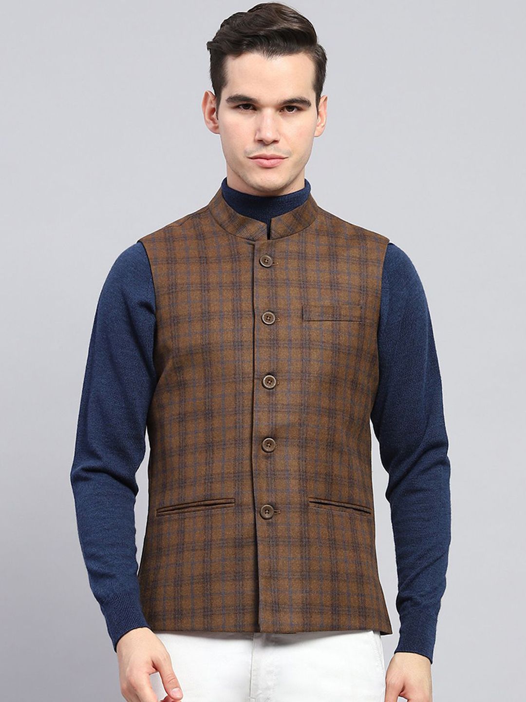 Monte Carlo Men Mandarin Collar Checked Wool Casual Tailored Jacket-picture-11