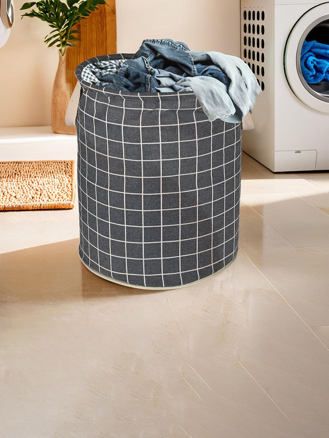 Kuber Industries Grey & White 2 Pieces Printed Cotton Laundry Baskets With Handles - 60 l-picture-11