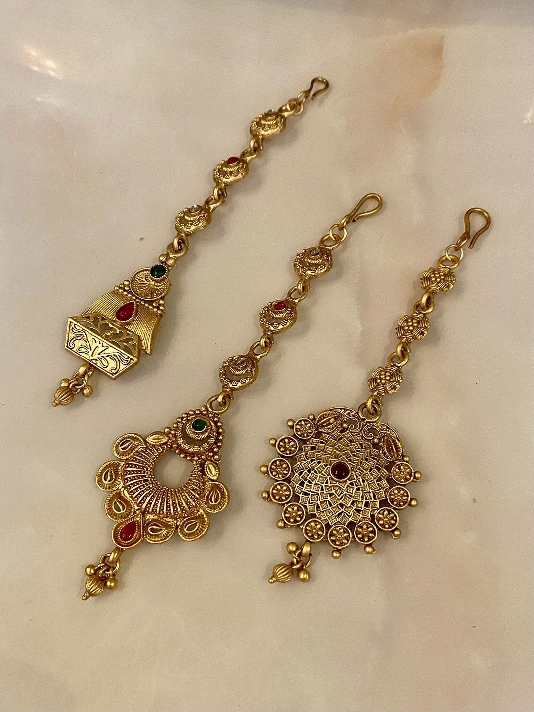 ATIBELLE Set Of 3 Gold-Plated Stone Studded and Beaded Maang Tikkas Head Jewellery