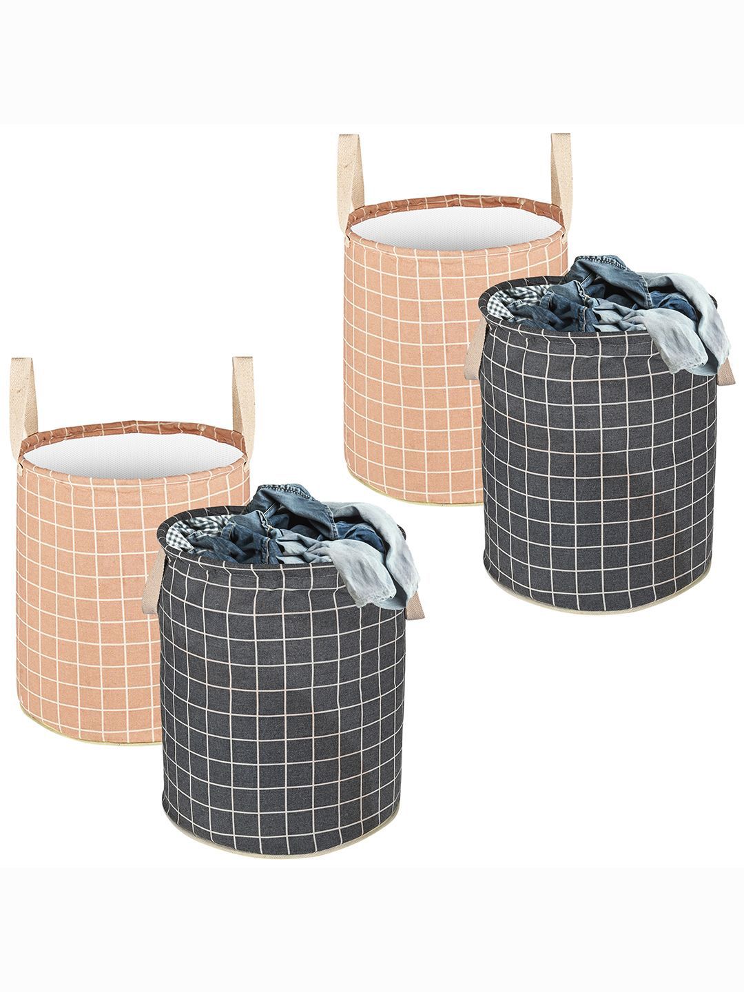 Kuber Industries Dark Grey & Brown 4 Pieces Checked Cotton Laundry Bag With Handles-picture-21