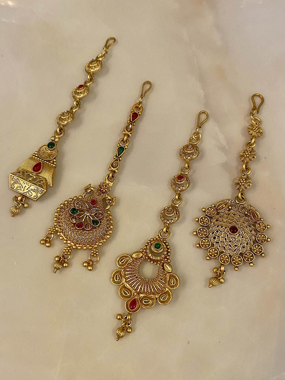 ATIBELLE Set Of 4 Gold-Plated Stone Studded and Beaded Maang Tikkas Head Jewellery