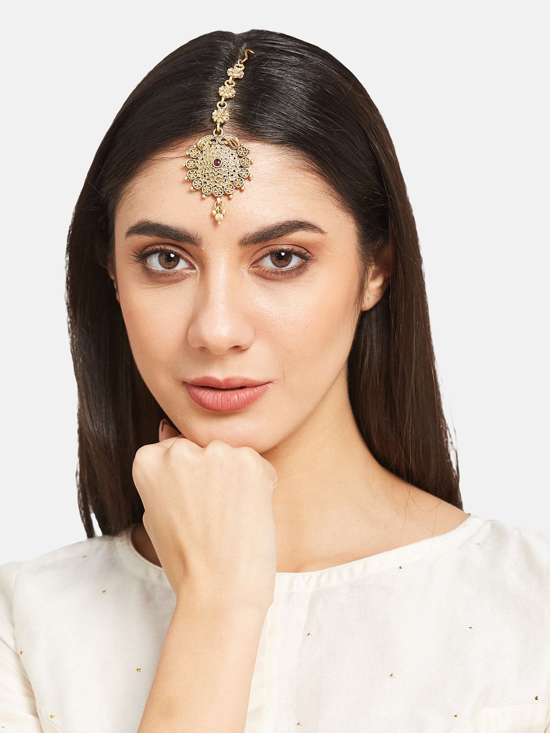 ATIBELLE Set Of 2 Gold-Plated Stone Studded and Beaded MagaTikkas Head Jewellery