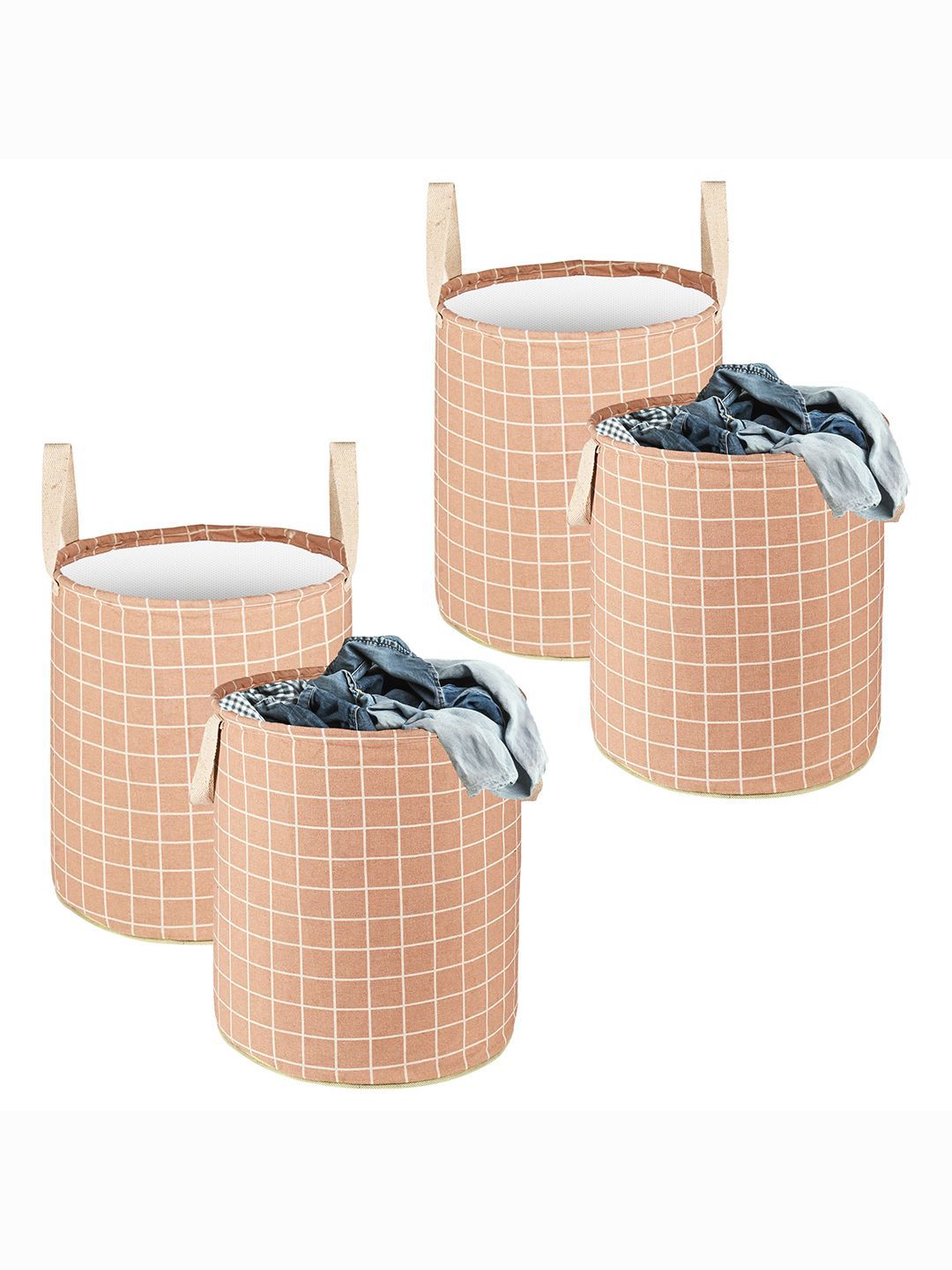 Kuber Industries Brown & White 4 Pieces Checked Foldable Cotton Laundry Bags-picture-15
