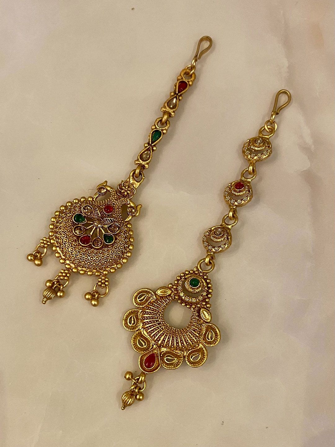 ATIBELLE Set Of 2 Gold-Plated Stone Studded and Beaded Maang Tikkas Head Jewellery