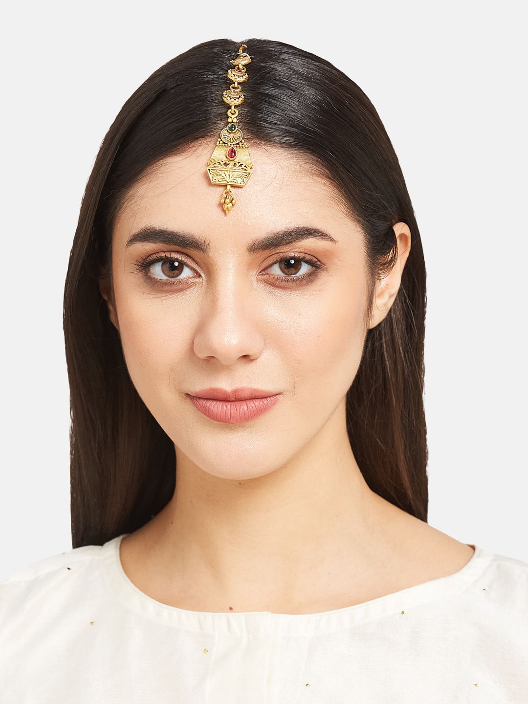 ATIBELLE Set Of 2 Gold-Plated Stone Studded and Beaded MagaTikkas Head Jewellery