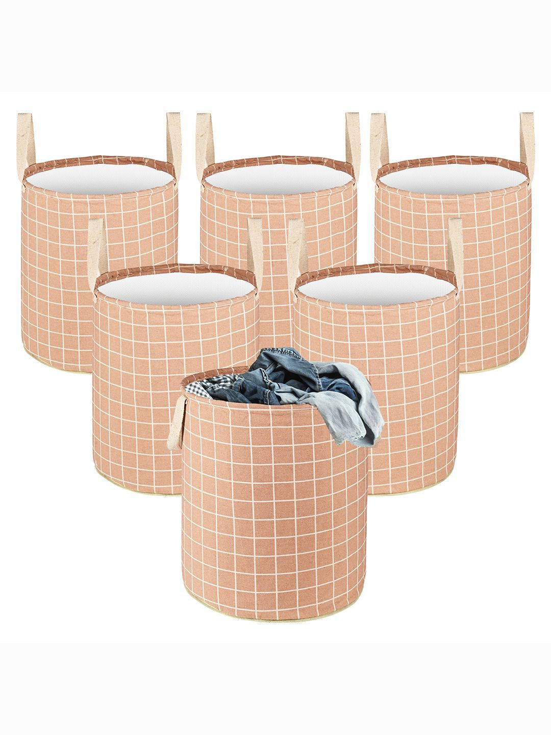 Kuber Industries Brown & White 6 Pieces Checked Cotton Laundry Bags 60 L Each-picture-22
