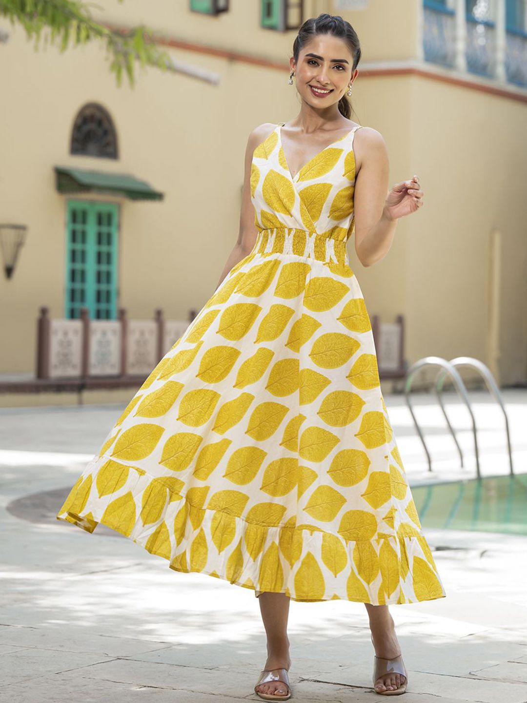 KALINI Women Cotton Floral Print Shoulder Straps Sleeveless A-Line Midi Dress-picture-13