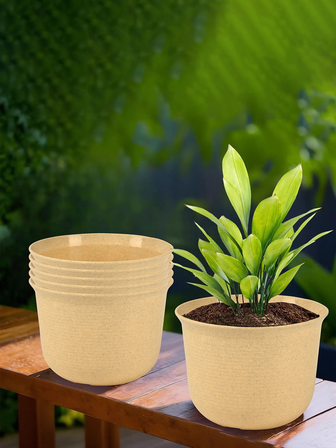 Kuber Industries Beige 6 Pieces Textured Planters With Plate-picture-25