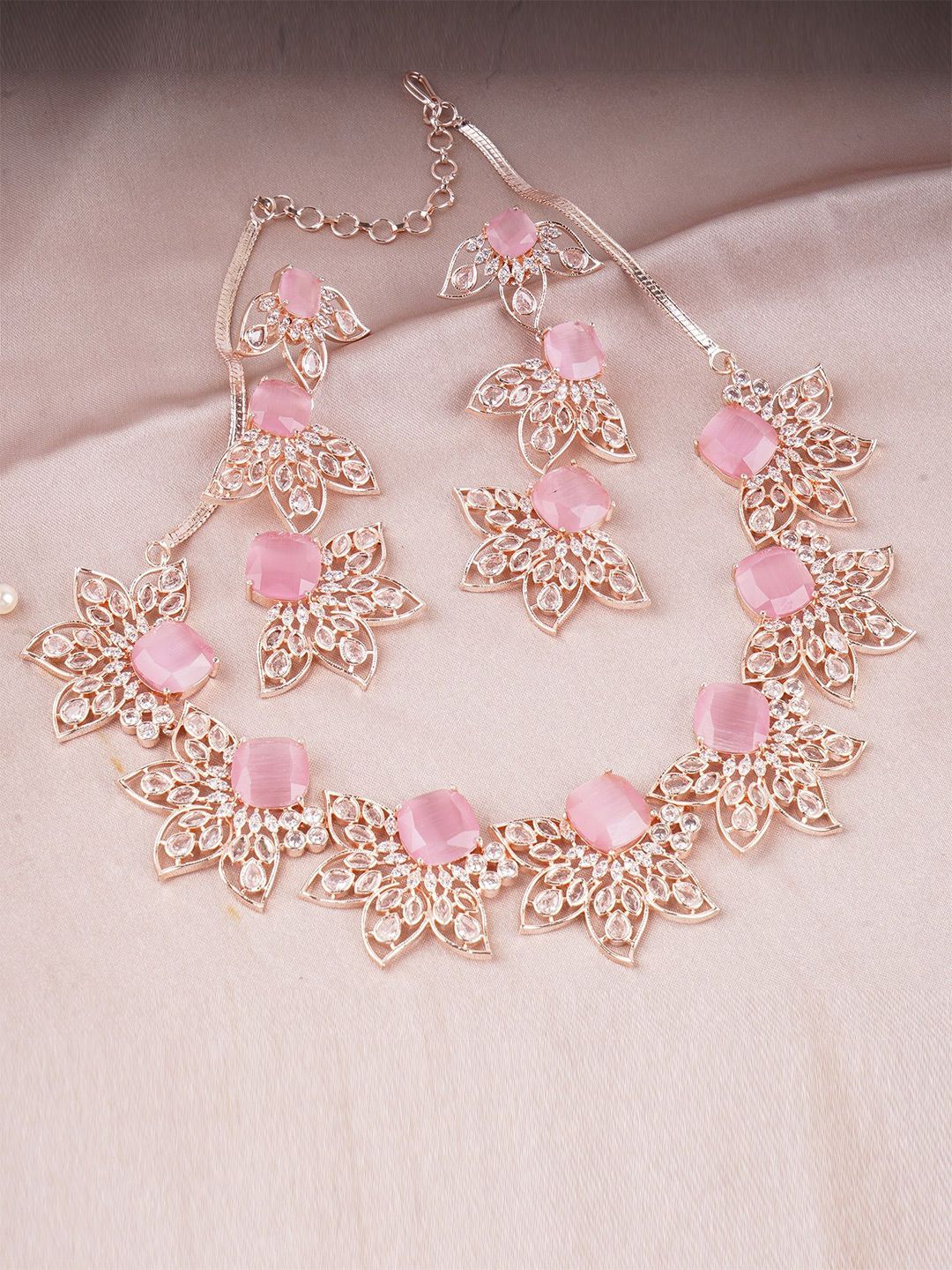 Adwitiya Collection Rose Gold-Plated CZ Studded Floral Necklace and Earrings-picture-26